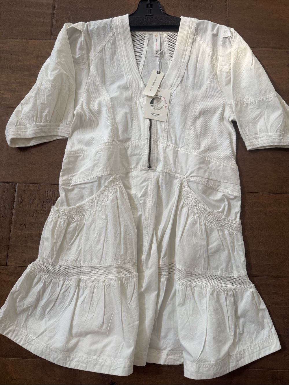 Anthropologie White V-Neck Tiered Mini Dress with Front Zip
